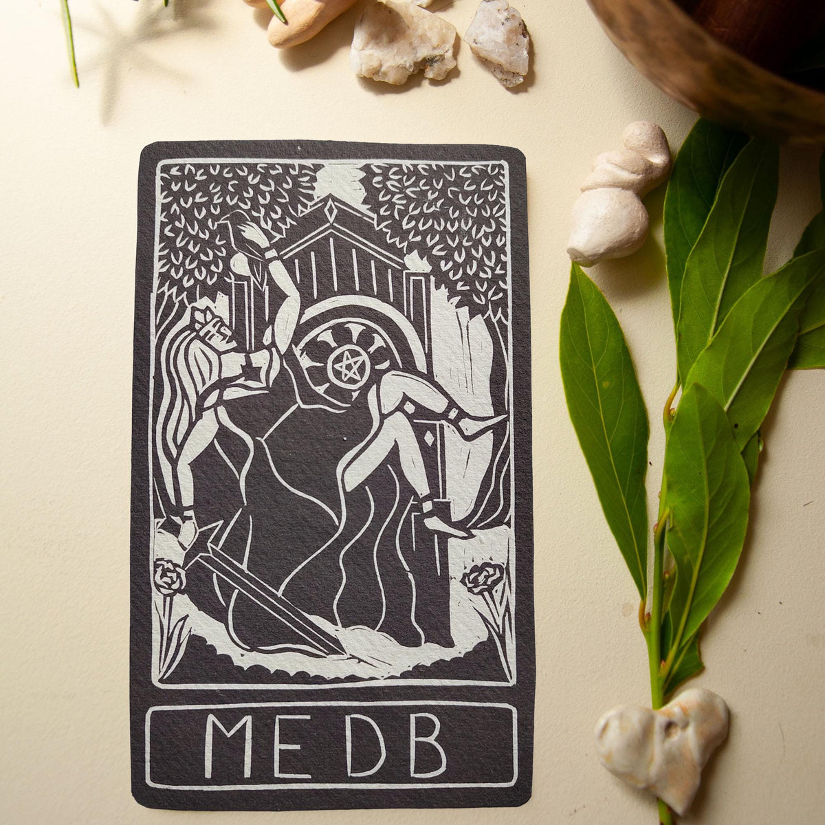 Medb altar card | Goddess oracle card | handmade linocut design, eco-friendly gifts.