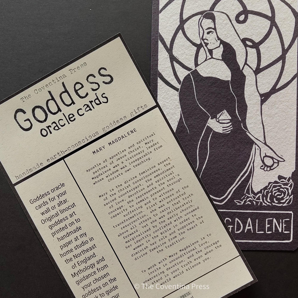 Mary Magdalene Oracle Card - Handmade Linocut design, altar art.