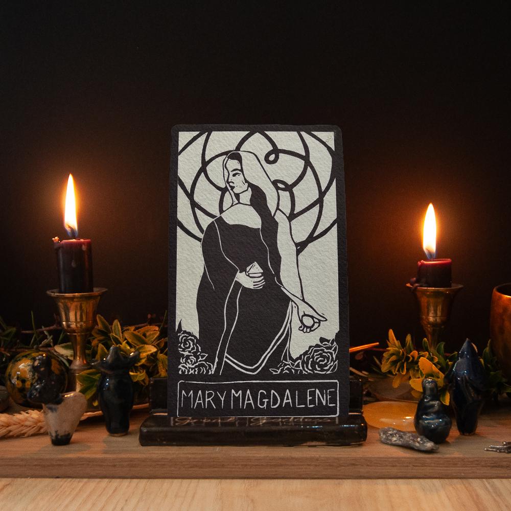 Mary Magdalene Oracle Card - Handmade Linocut design, altar art.
