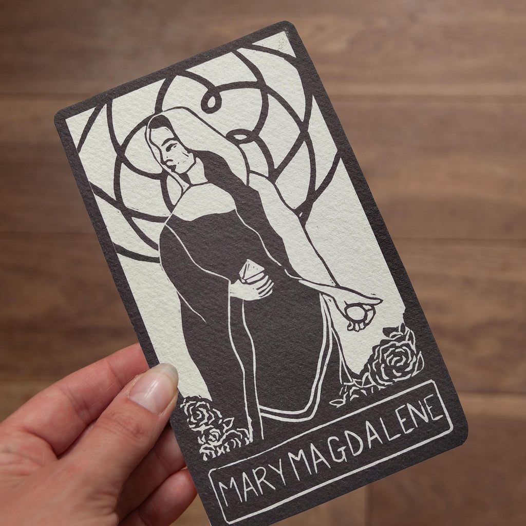 Mary Magdalene Oracle Card - Handmade Linocut design, altar art.