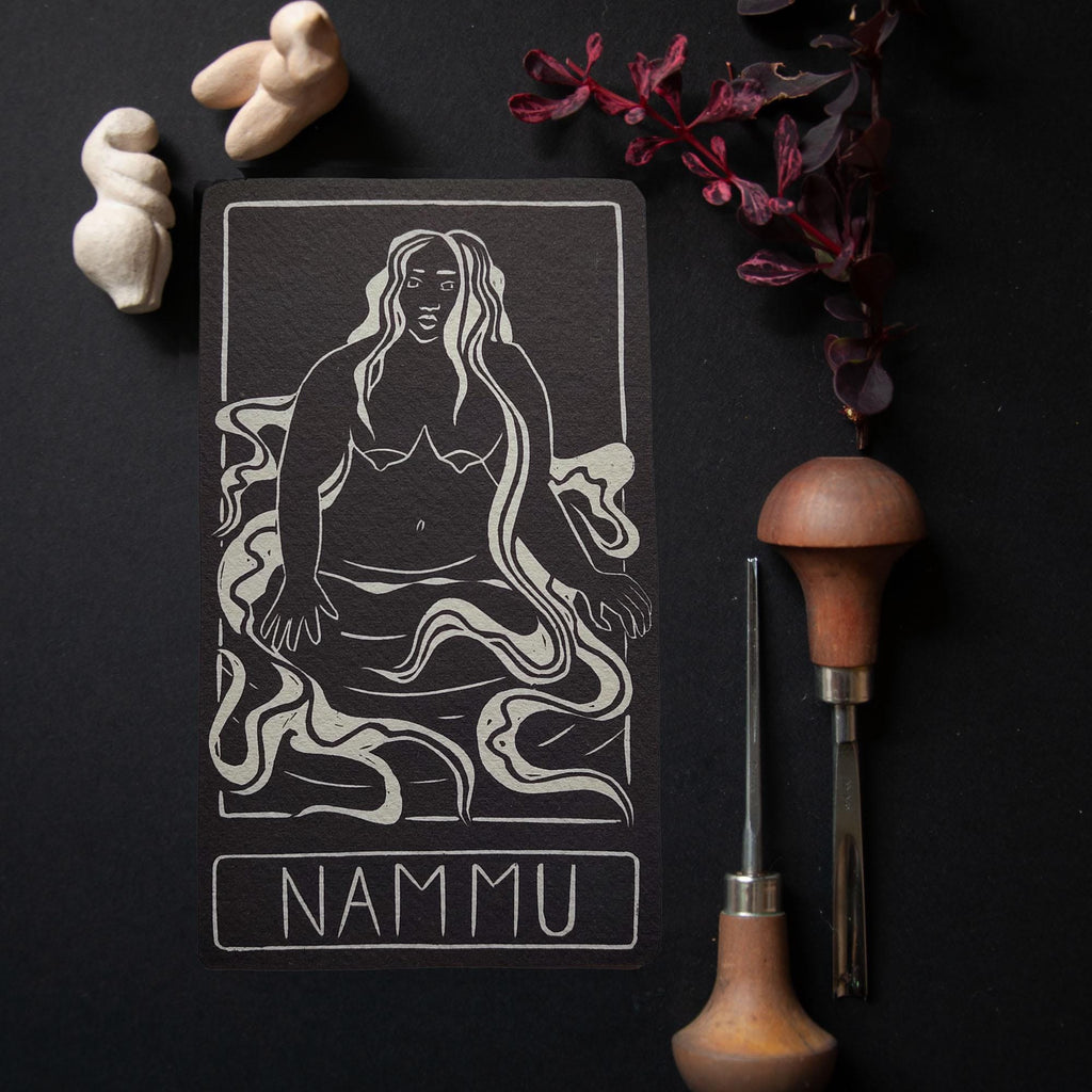 Nammu altar card | Goddess oracle card | handmade linocut design, eco-friendly gifts.