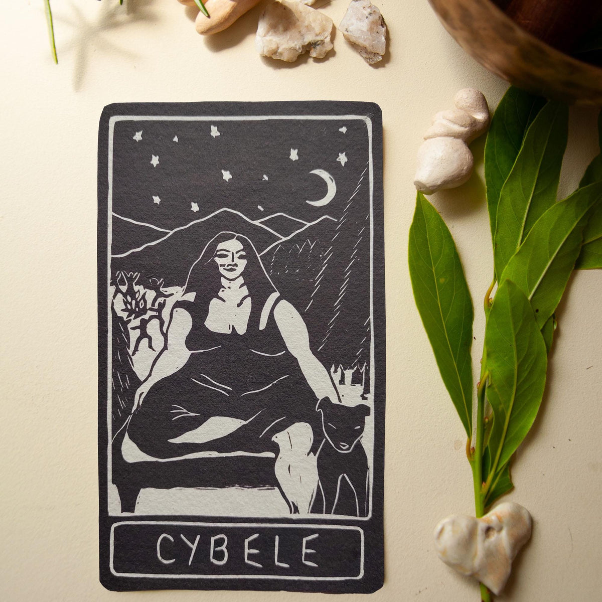 Cybele Goddess | oracle card with goddess guidance handmade linocut design.
