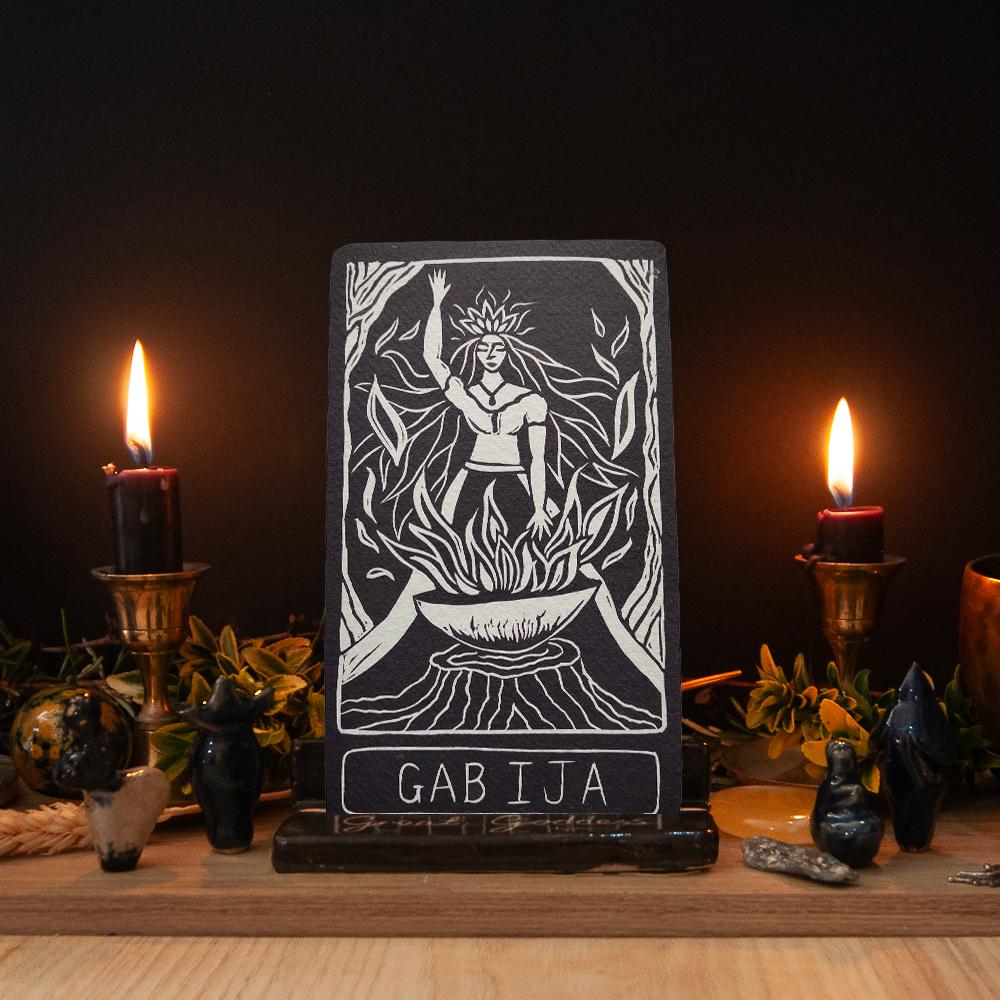Gabija Goddess altar oracle card | Handmade, linocut design.