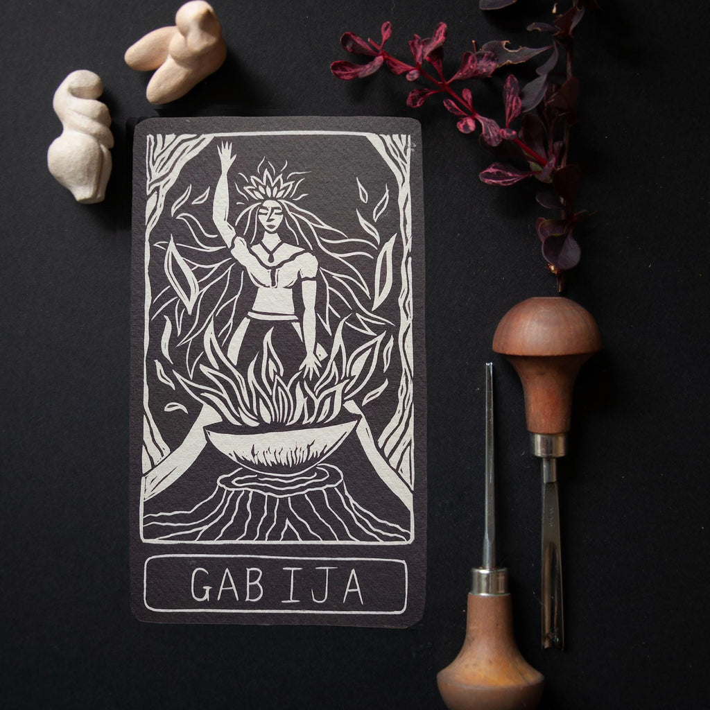 Gabija Goddess altar oracle card | Handmade, linocut design.