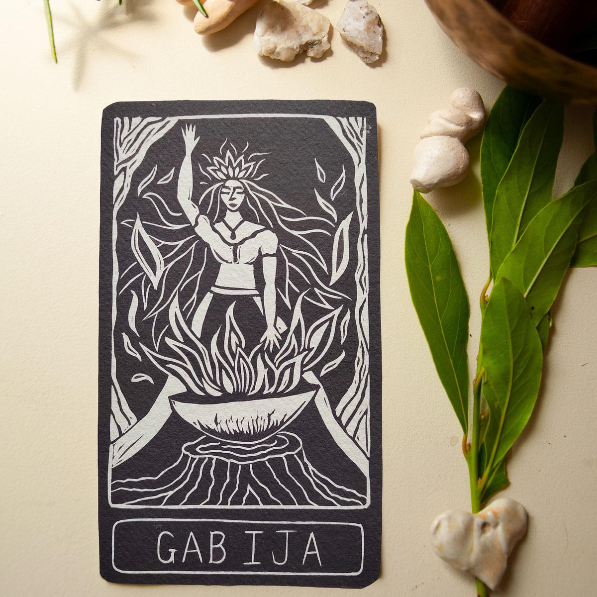Gabija Goddess altar oracle card | Handmade, linocut design.
