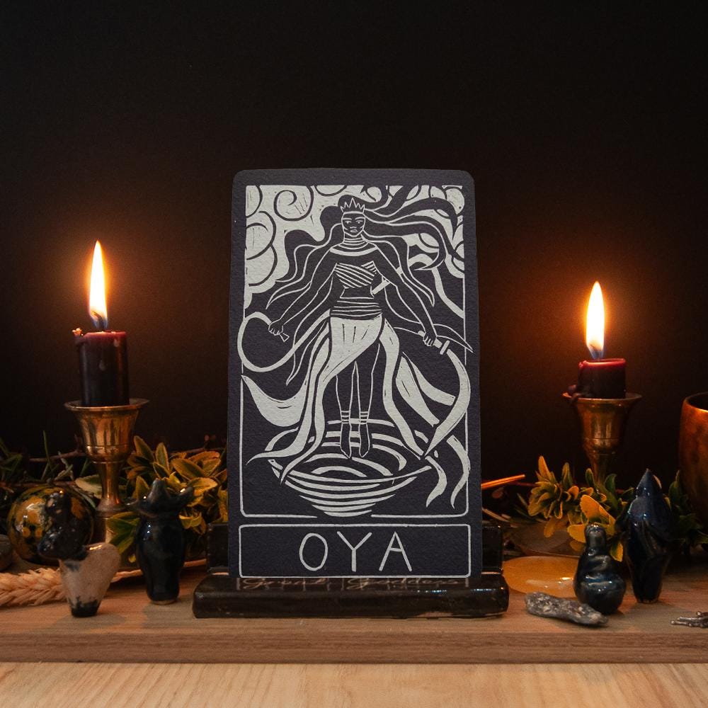 Oya Orisha Oracle Card | Linocut art design, Altar Card