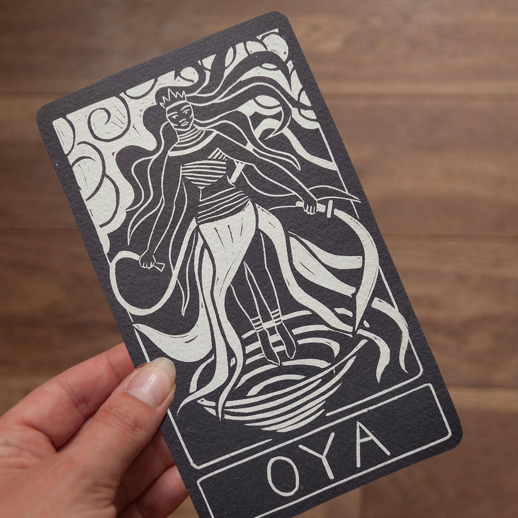 Oya Orisha Oracle Card | Linocut art design, Altar Card