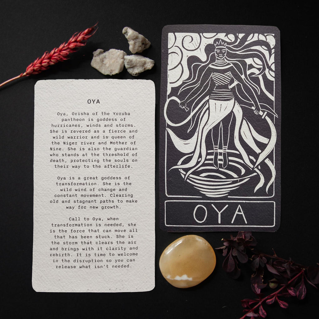Oya Orisha Oracle Card | Linocut art design, Altar Card