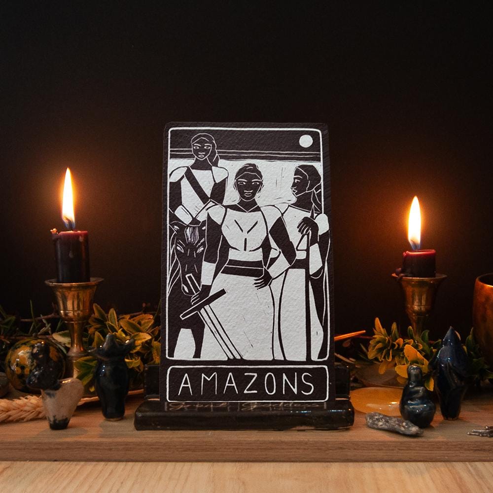 The Amazons oracle altar card | Greek mythology | Linocut design