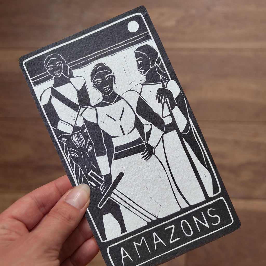 The Amazons oracle altar card | Greek mythology | Linocut design