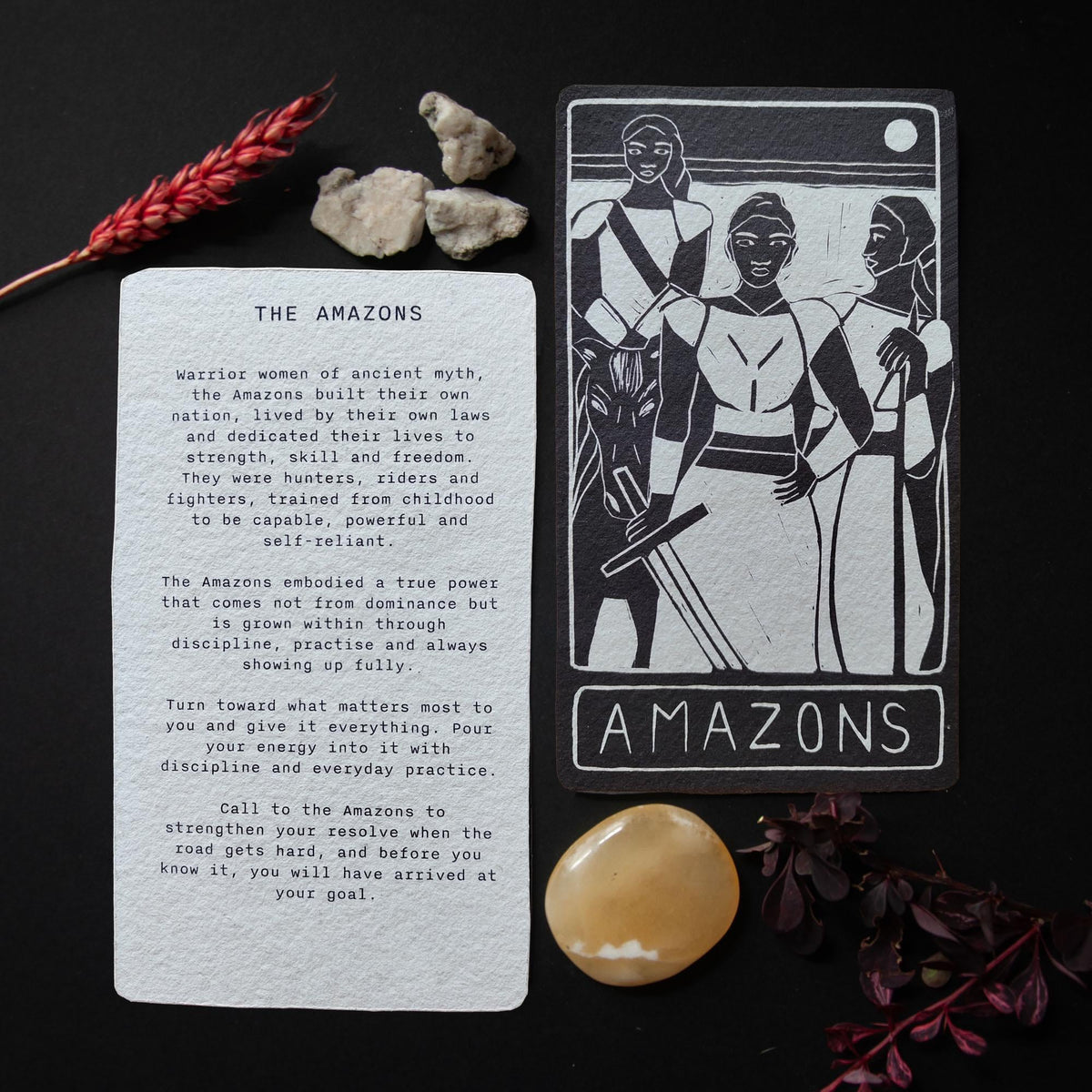 The Amazons oracle altar card | Greek mythology | Linocut design