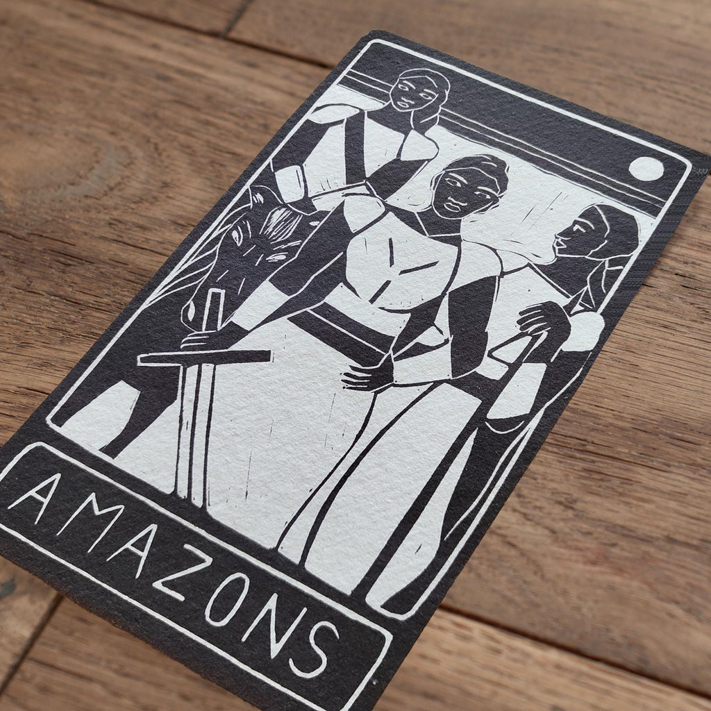 The Amazons oracle altar card | Greek mythology | Linocut design