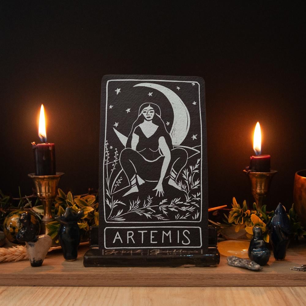Artemis Oracle card | Greek Goddess of the wilderness and the moon. Goddess guidance, handmade linocut art
