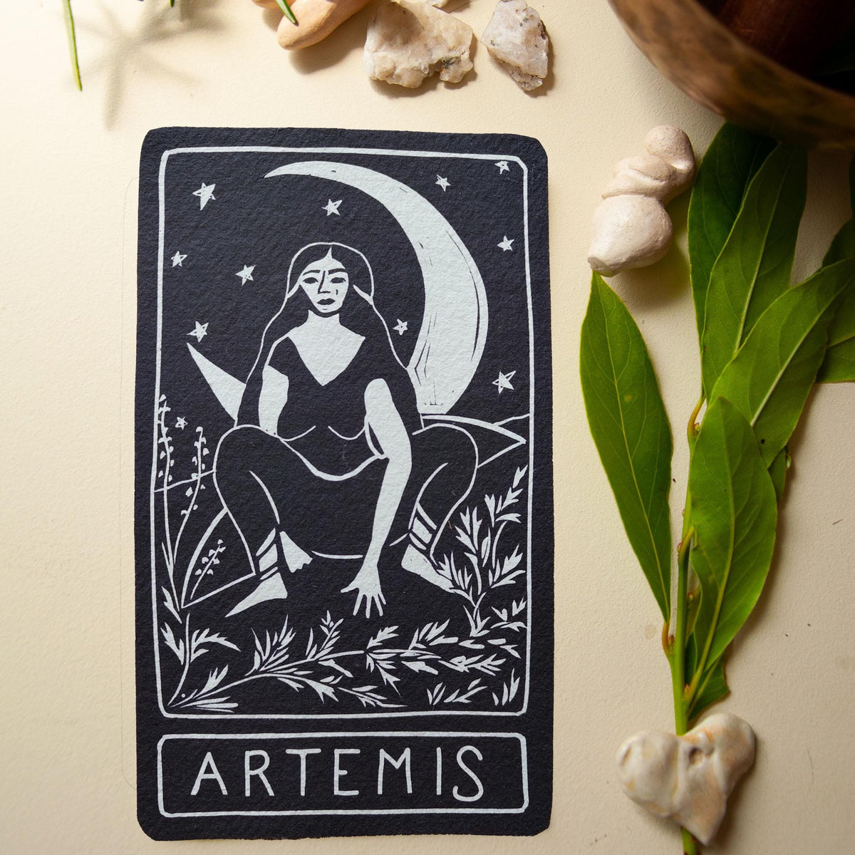 Artemis Oracle card | Greek Goddess of the wilderness and the moon. Goddess guidance, handmade linocut art