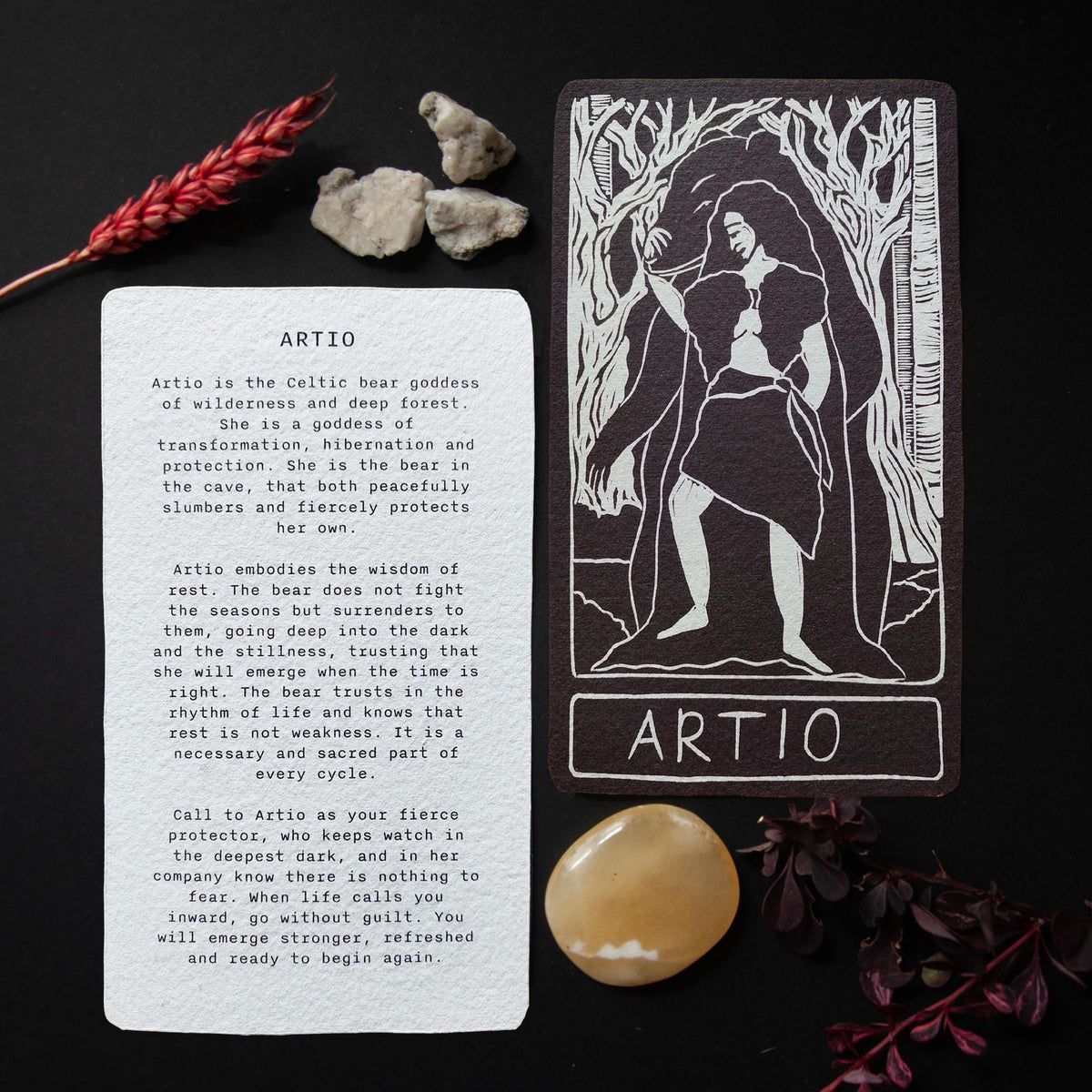 Artio Oracle card | Celtic Bear goddess. Goddess guidance, handmade linocut art