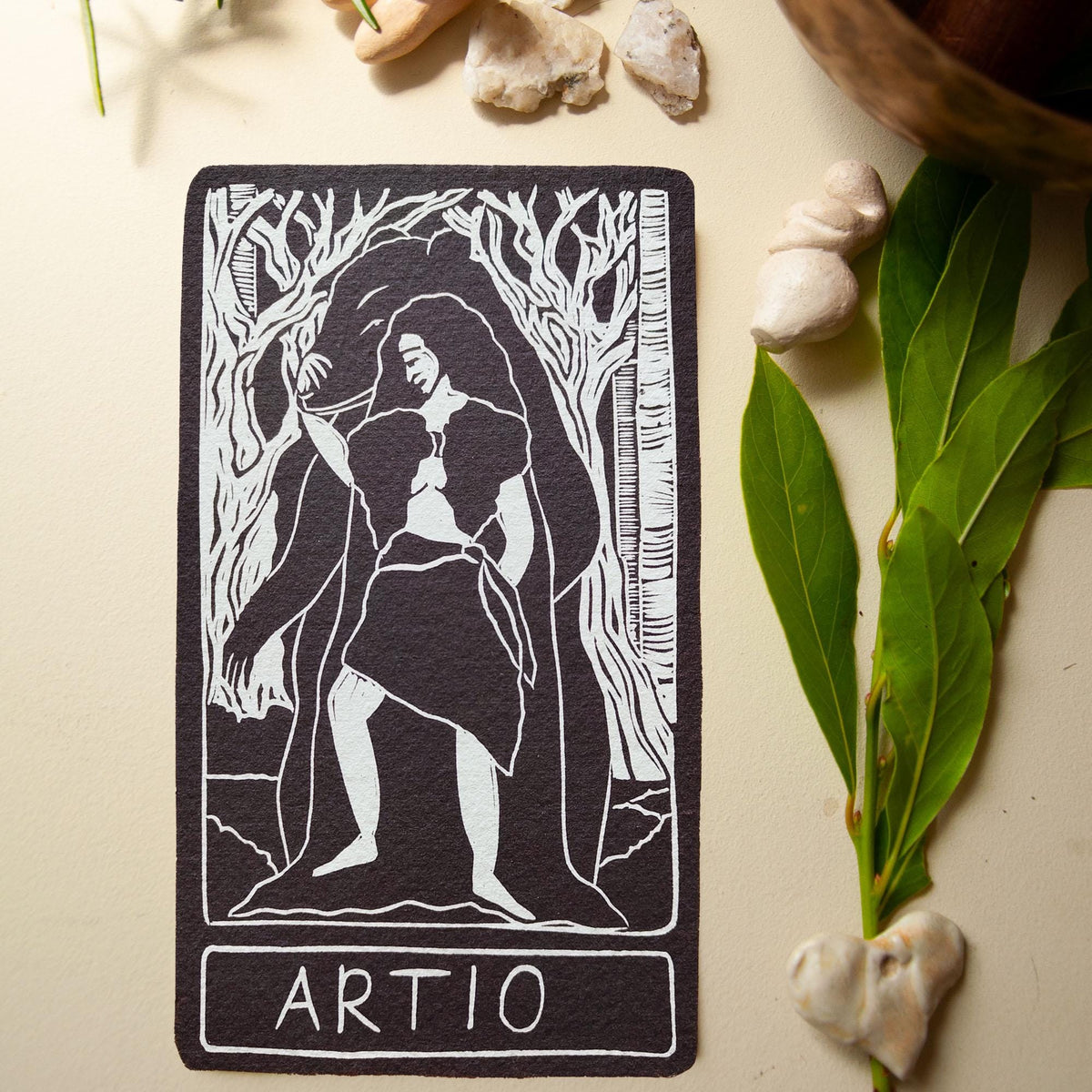 Artio Oracle card | Celtic Bear goddess. Goddess guidance, handmade linocut art