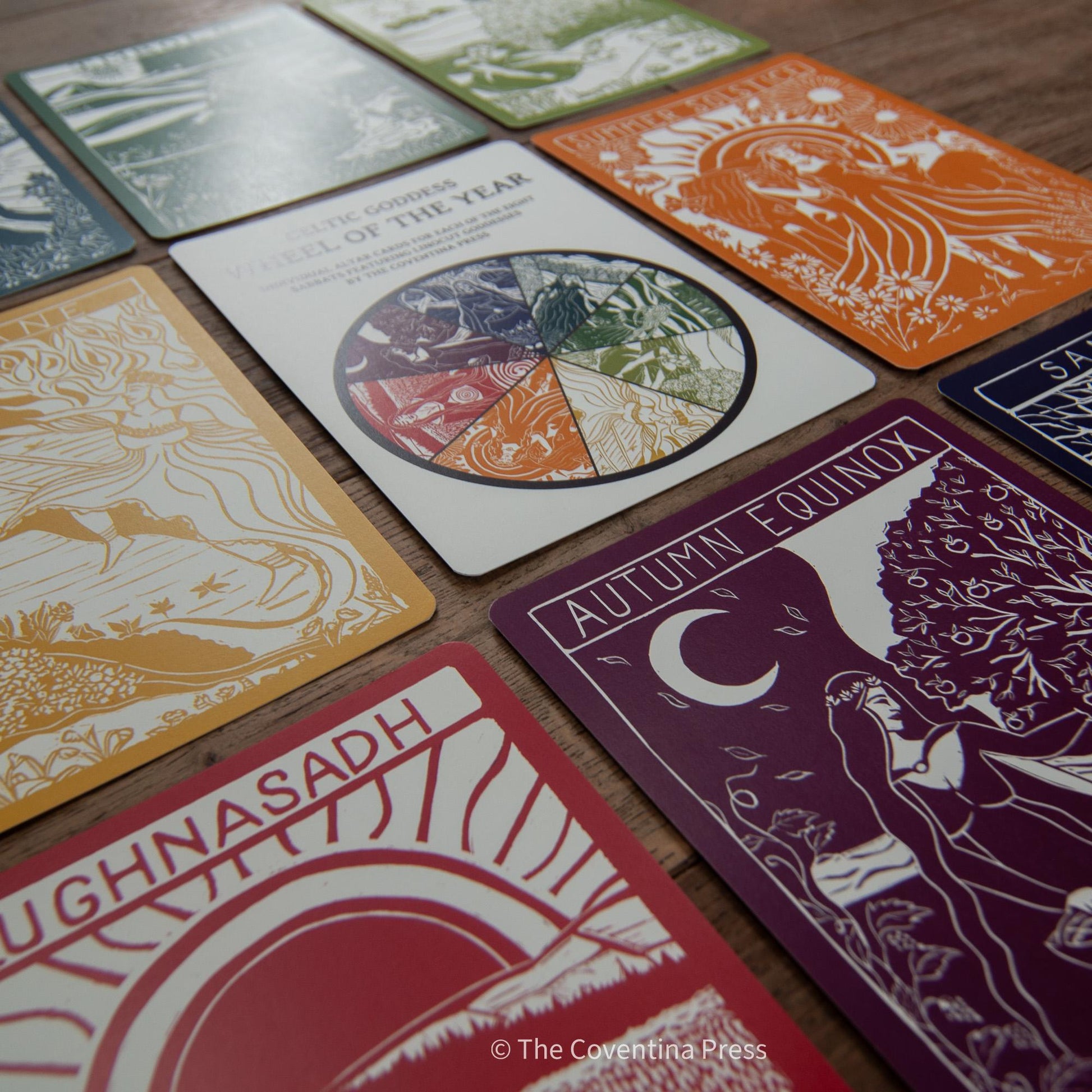 Celtic Goddess Wheel of the Year | 8 Sabbat Altar Cards | Linocut design