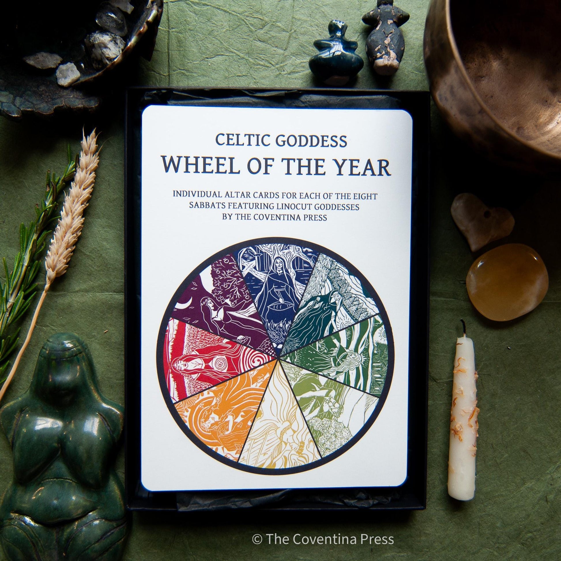 Celtic Goddess Wheel of the Year | 8 Sabbat Altar Cards | Linocut design