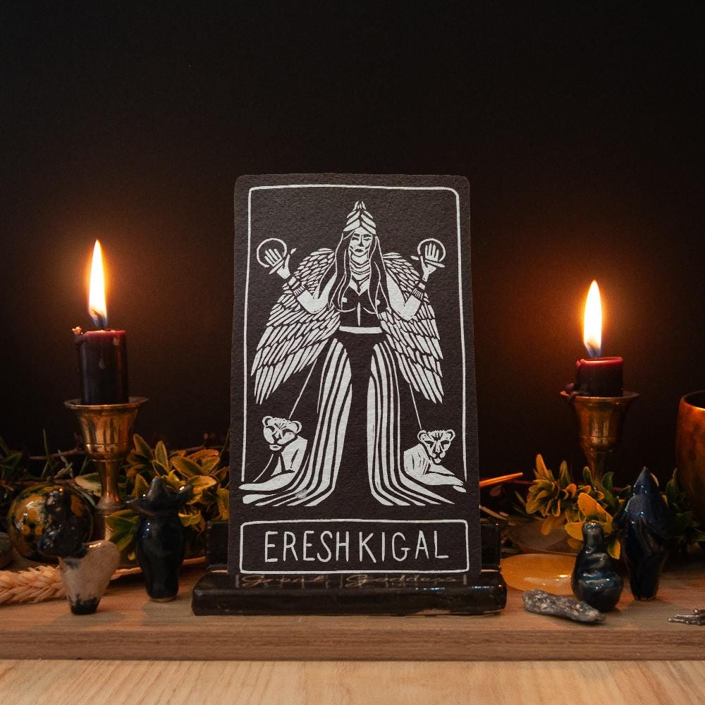 Ereshkigal Goddess | oracle card with goddess guidance handmade linocut design.