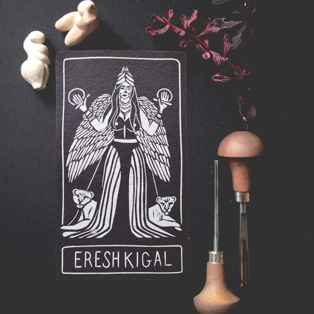 Ereshkigal Goddess | oracle card with goddess guidance handmade linocut design.