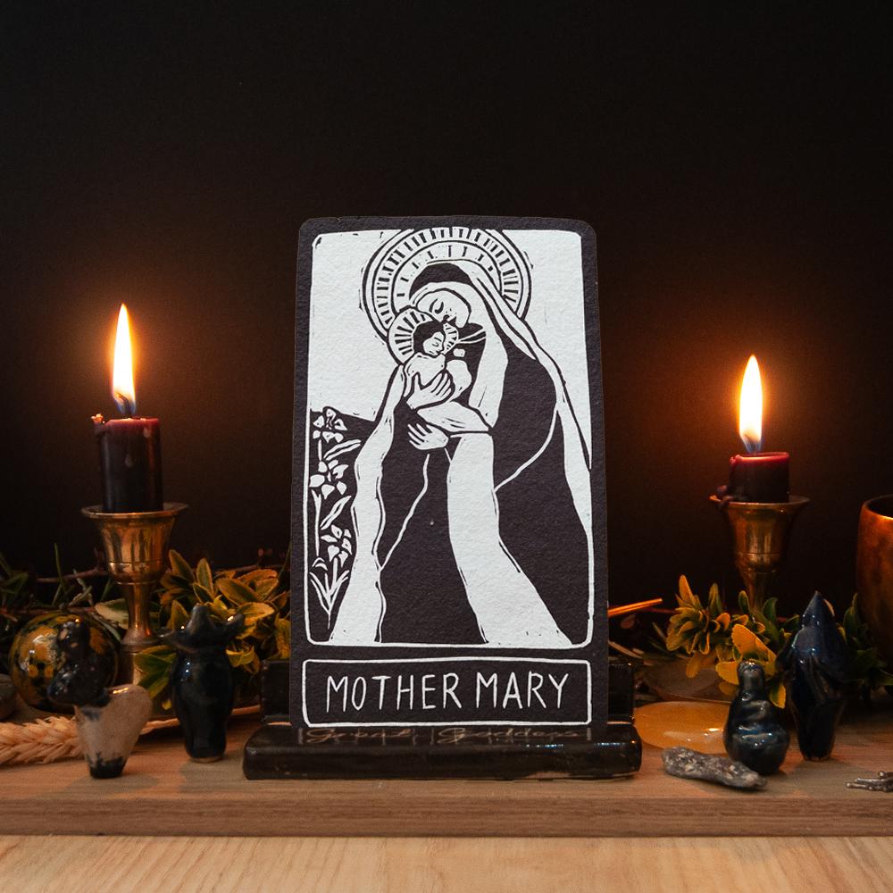 Mother Mary Oracle card | The Virgin Mary Goddess guidance, handmade linocut art