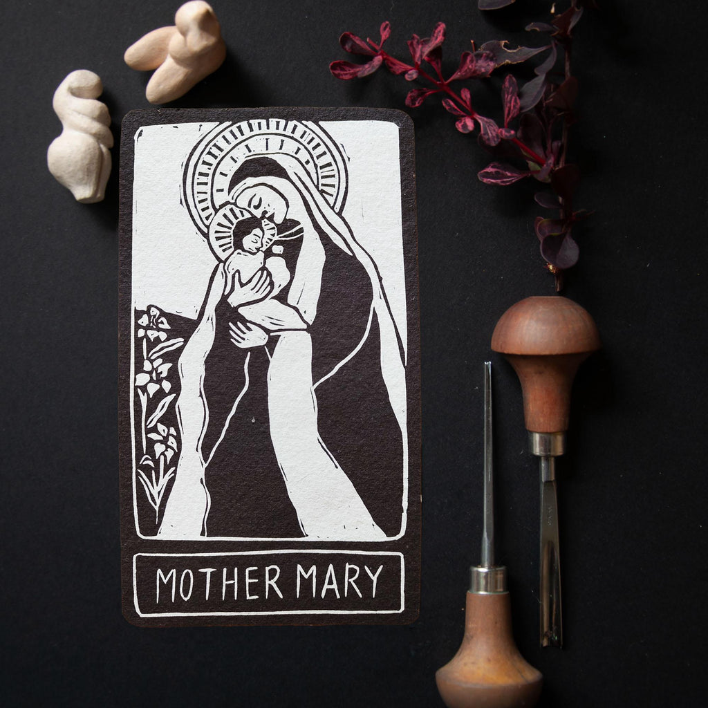 Mother Mary Oracle card | The Virgin Mary Goddess guidance, handmade linocut art
