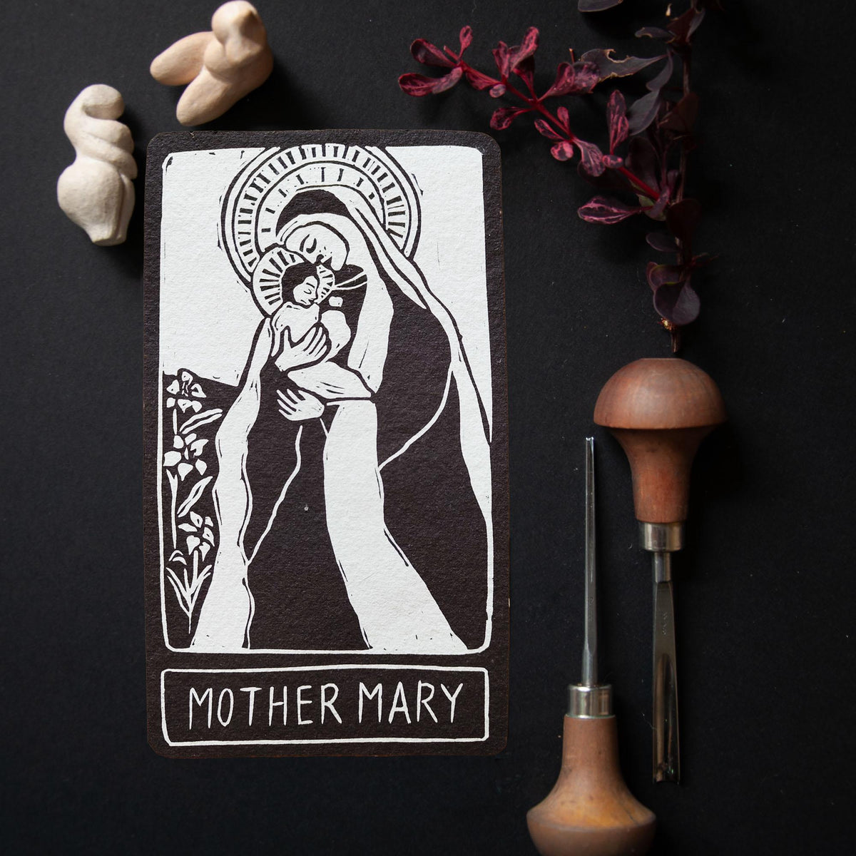 Mother Mary Oracle card | The Virgin Mary Goddess guidance, handmade linocut art