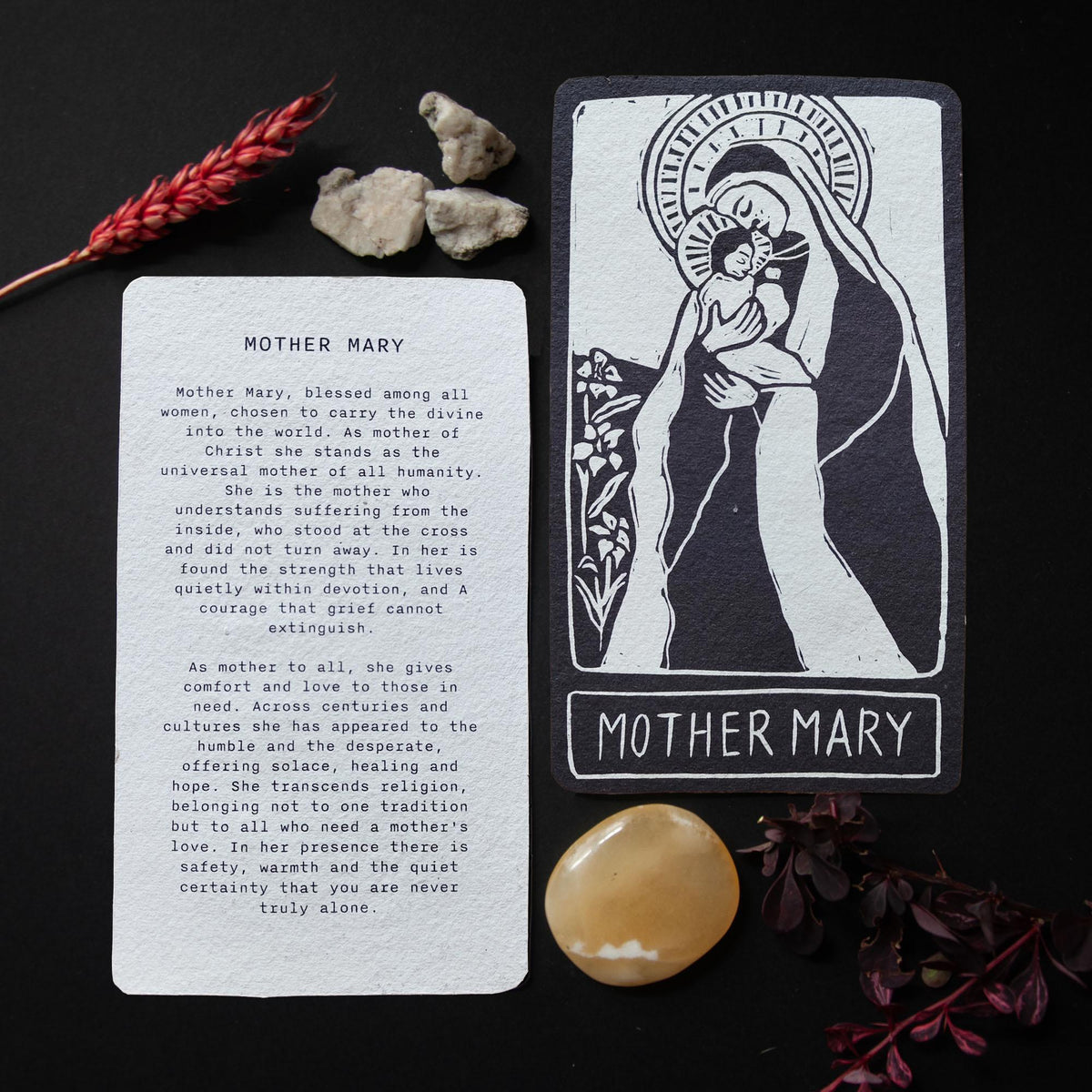 Mother Mary Oracle card | The Virgin Mary Goddess guidance, handmade linocut art
