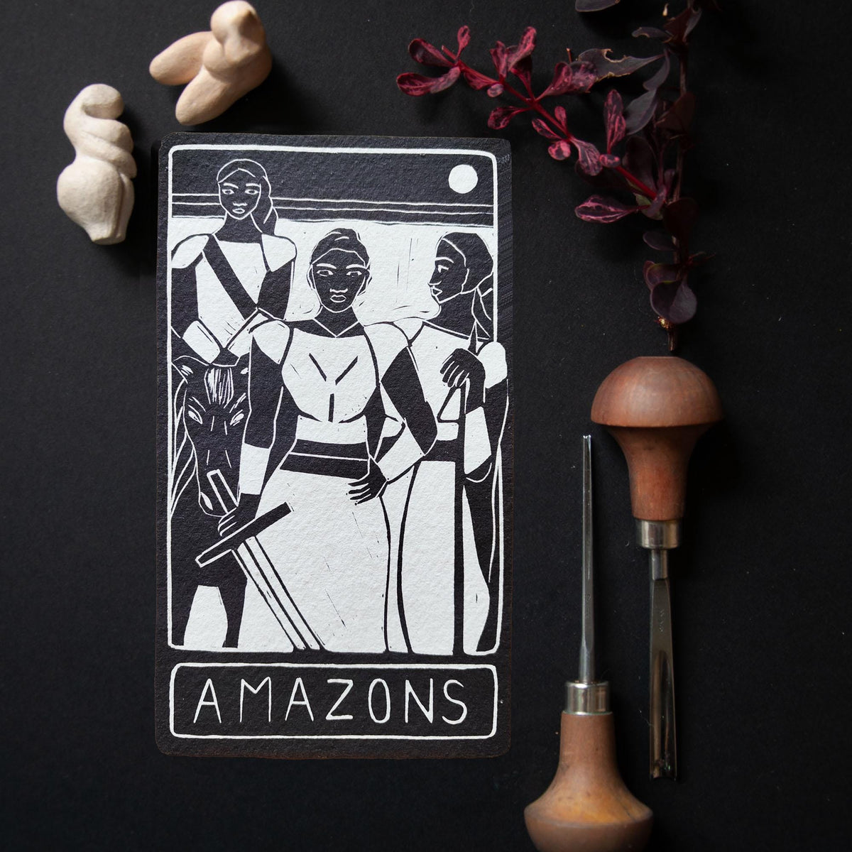 The Amazons oracle altar card | Greek mythology | Linocut design