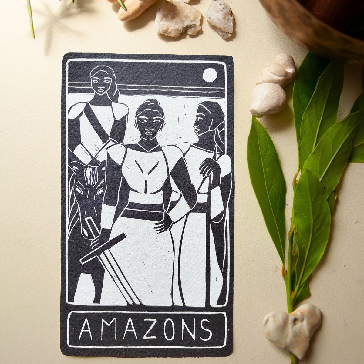 The Amazons oracle altar card | Greek mythology | Linocut design