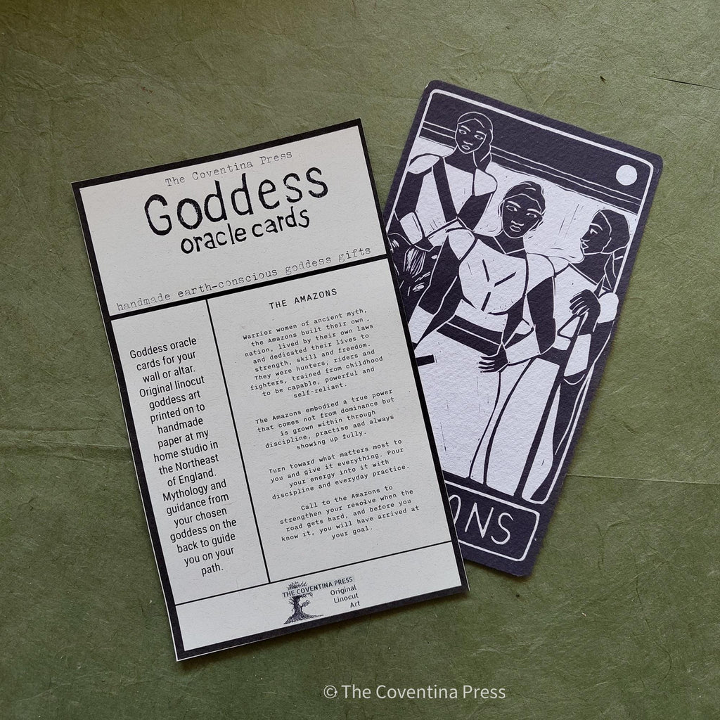 The Amazons oracle altar card | Greek mythology | Linocut design