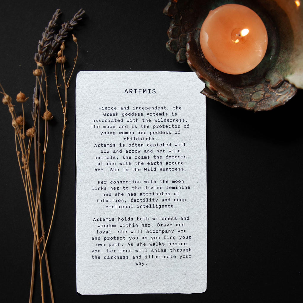 Artemis Oracle card | Greek Goddess of the wilderness and the moon. Goddess guidance, handmade linocut art