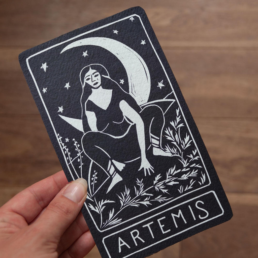 Artemis Oracle card | Greek Goddess of the wilderness and the moon. Goddess guidance, handmade linocut art