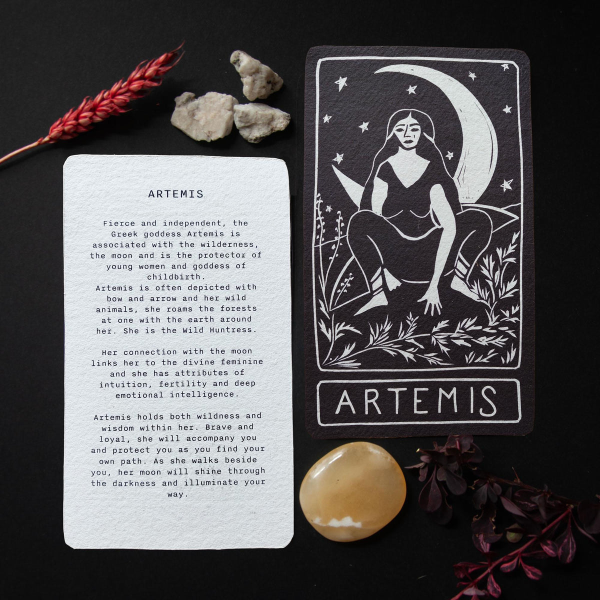Artemis Oracle card | Greek Goddess of the wilderness and the moon. Goddess guidance, handmade linocut art