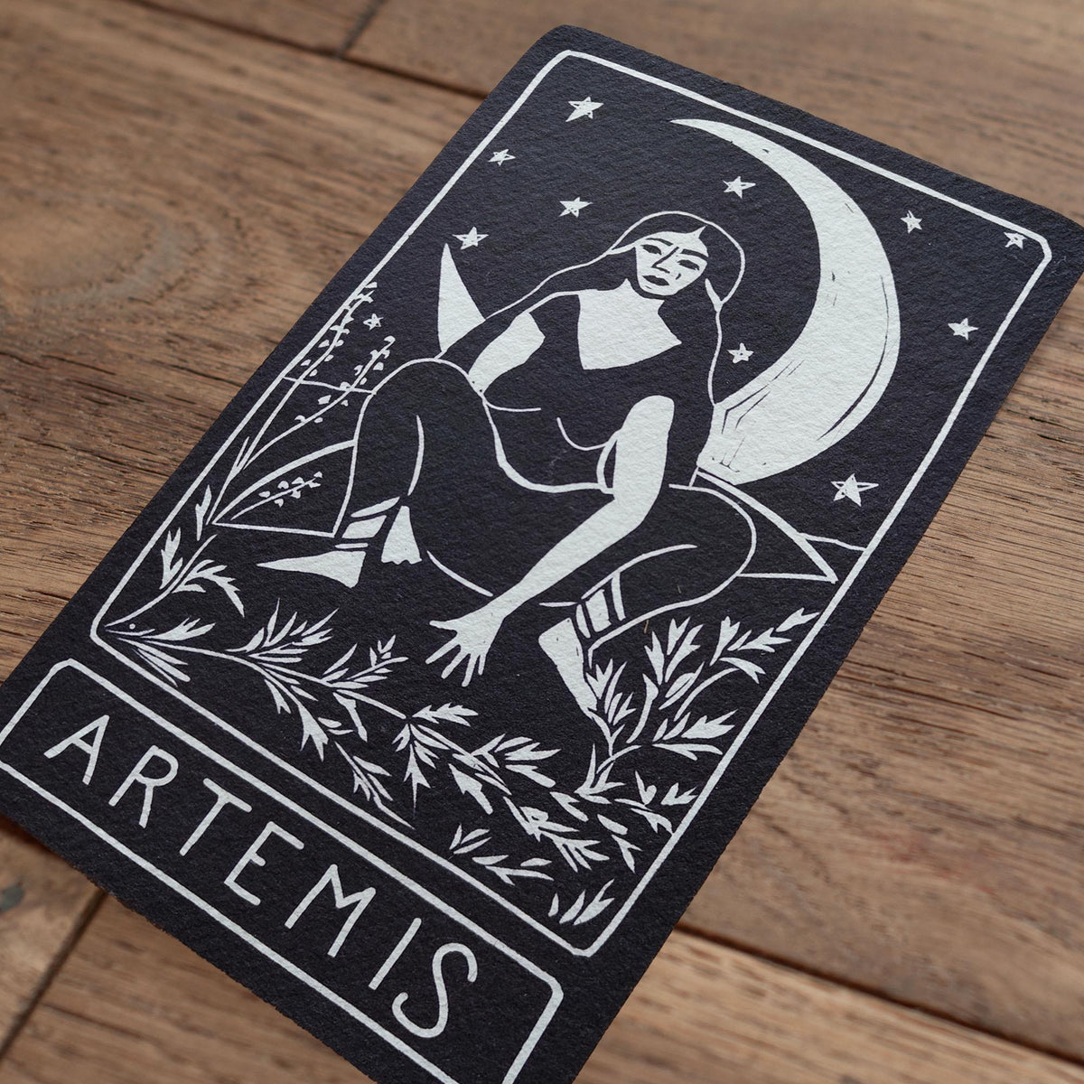 Artemis Oracle card | Greek Goddess of the wilderness and the moon. Goddess guidance, handmade linocut art