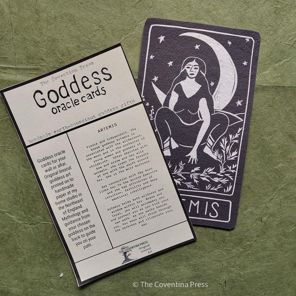 Artemis Oracle card | Greek Goddess of the wilderness and the moon. Goddess guidance, handmade linocut art