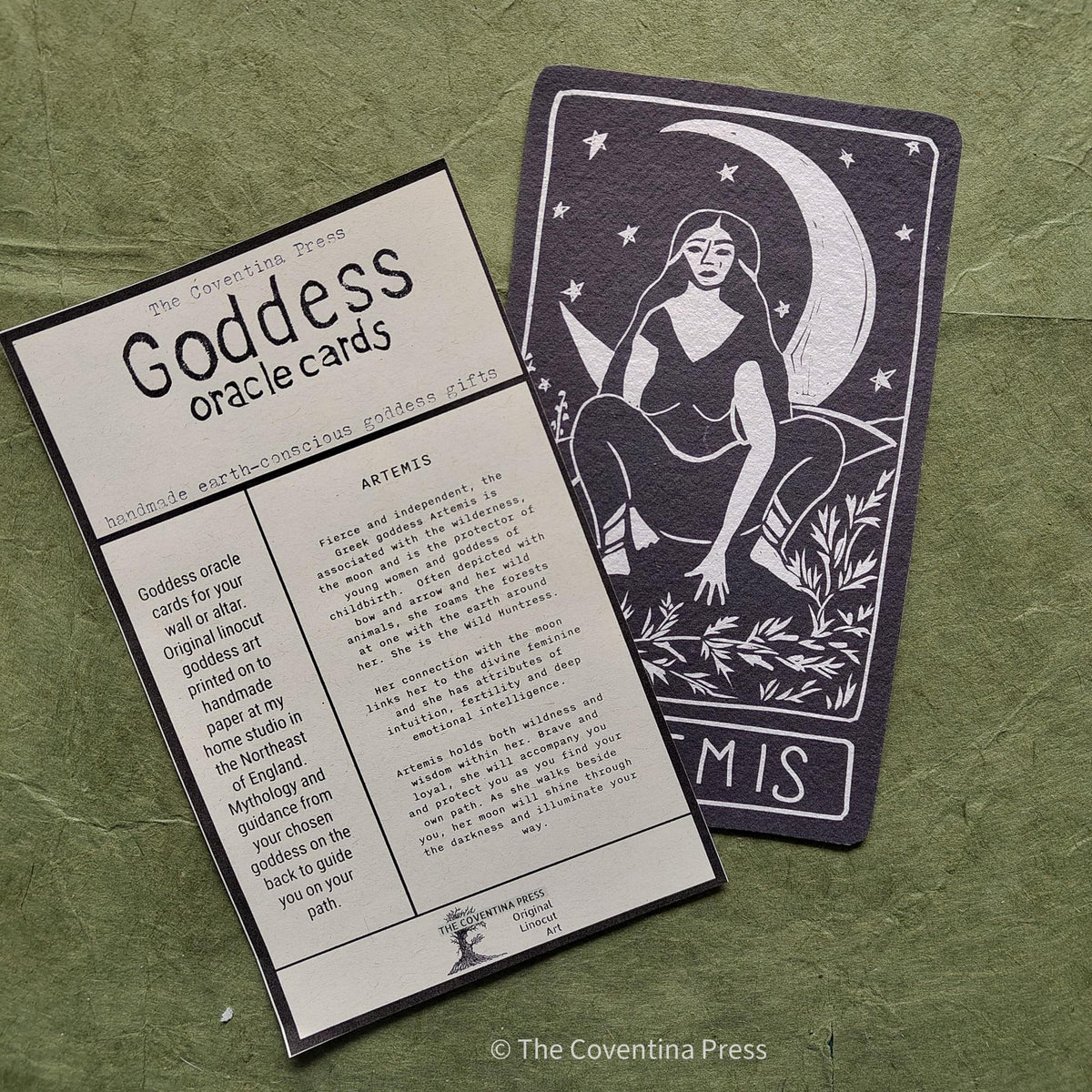 Artemis Oracle card | Greek Goddess of the wilderness and the moon. Goddess guidance, handmade linocut art