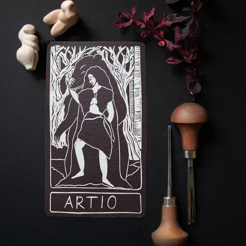 Artio Oracle card | Celtic Bear goddess. Goddess guidance, handmade linocut art