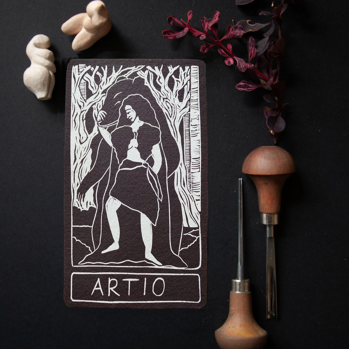 Artio Oracle card | Celtic Bear goddess. Goddess guidance, handmade linocut art