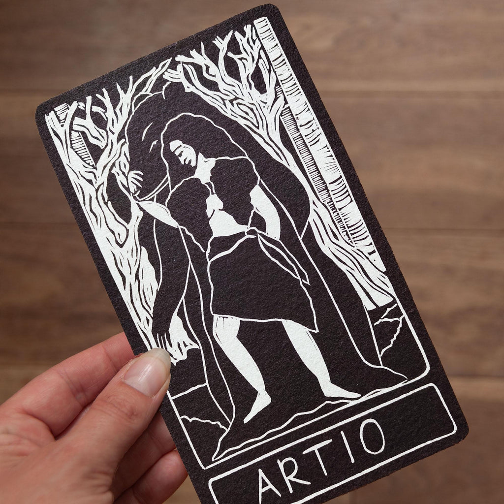 Artio Oracle card | Celtic Bear goddess. Goddess guidance, handmade linocut art