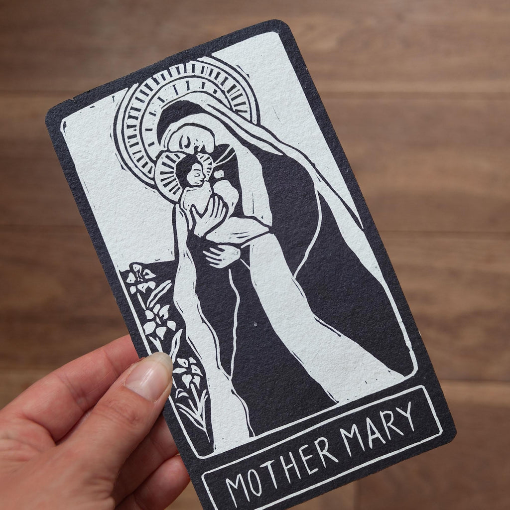 Mother Mary Oracle card | The Virgin Mary Goddess guidance, handmade linocut art