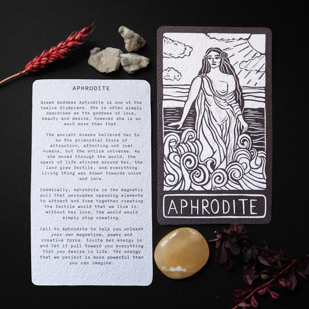 Aphrodite Oracle card | Greek Goddess of love, beauty and desire. Goddess guidance, handmade linocut art