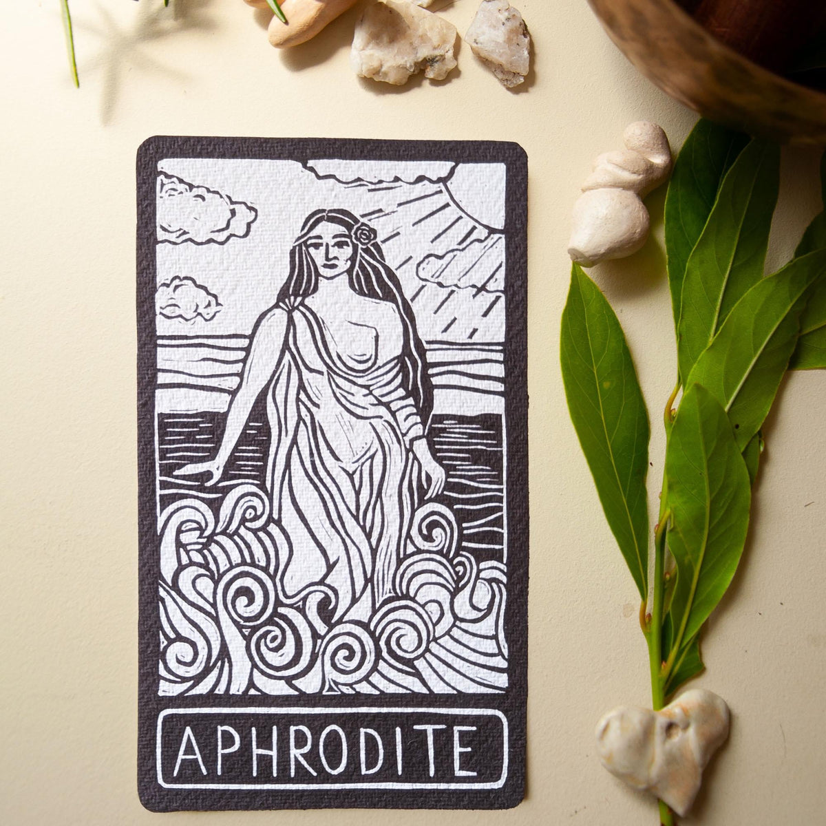 Aphrodite Oracle card | Greek Goddess of love, beauty and desire. Goddess guidance, handmade linocut art
