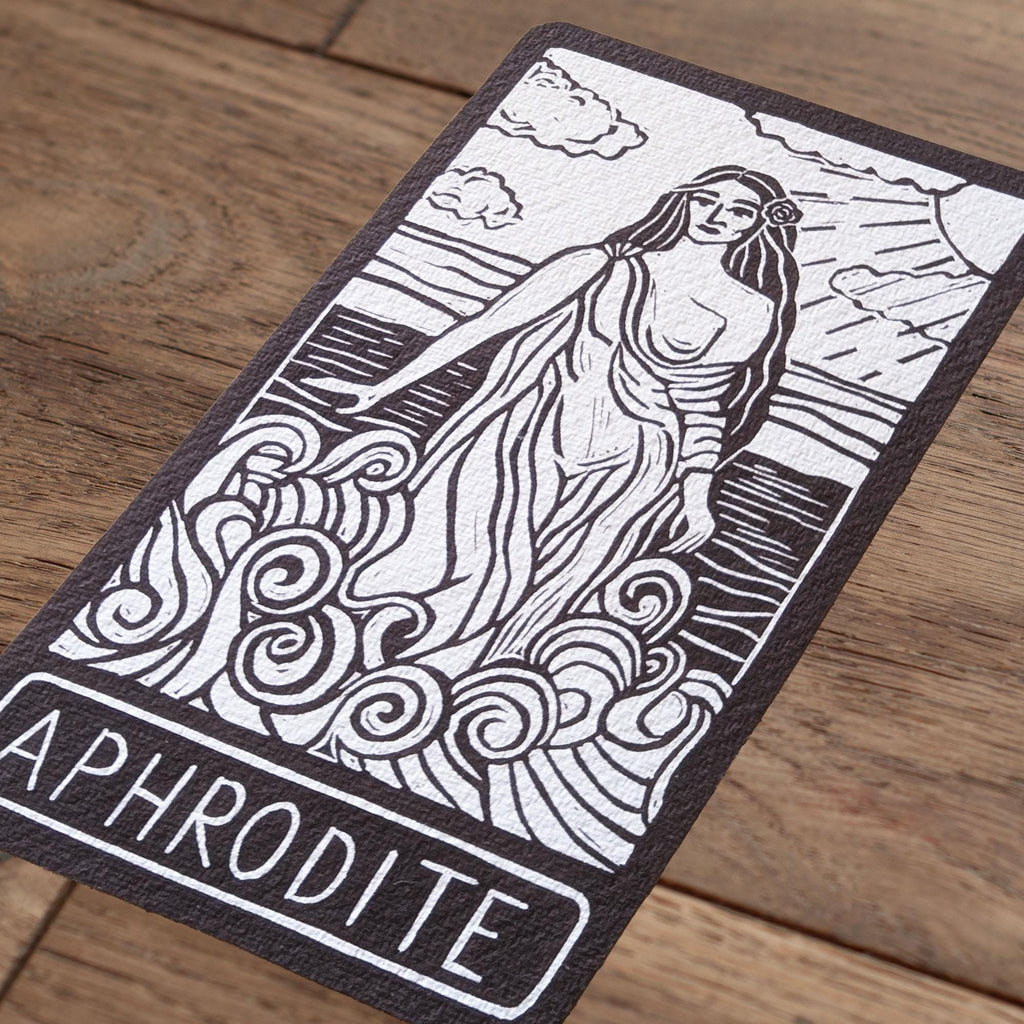 Aphrodite Oracle card | Greek Goddess of love, beauty and desire. Goddess guidance, handmade linocut art