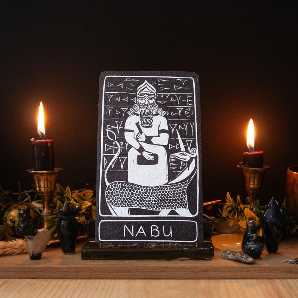 Nabu Oracle card | Mesopotamian Divine Scribe, Mythic handmade linocut art