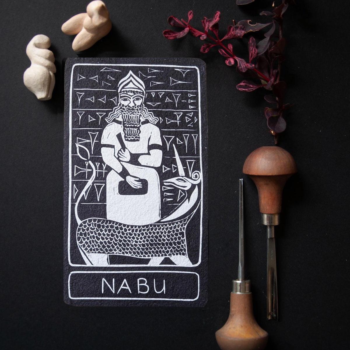 Nabu Oracle card | Mesopotamian Divine Scribe, Mythic handmade linocut art