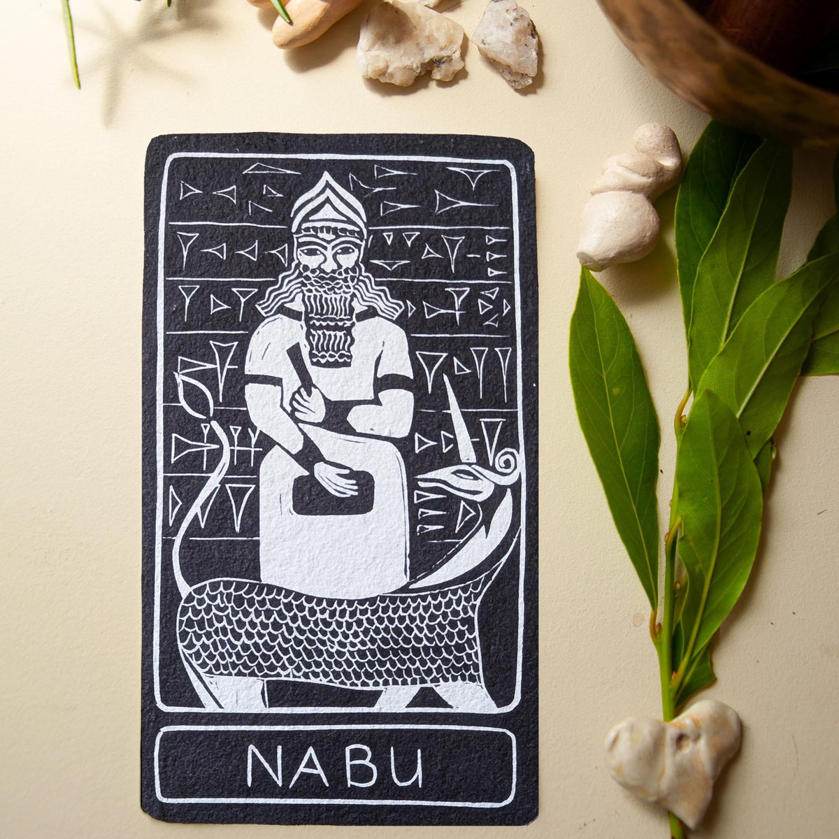 Nabu Oracle card | Mesopotamian Divine Scribe, Mythic handmade linocut art