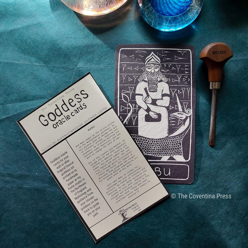 Nabu Oracle card | Mesopotamian Divine Scribe, Mythic handmade linocut art