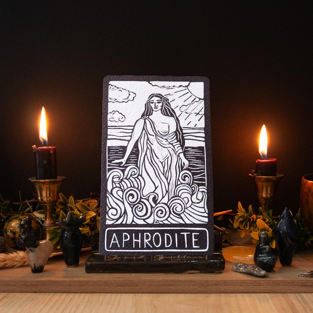 Aphrodite Oracle card | Greek Goddess of love, beauty and desire. Goddess guidance, handmade linocut art