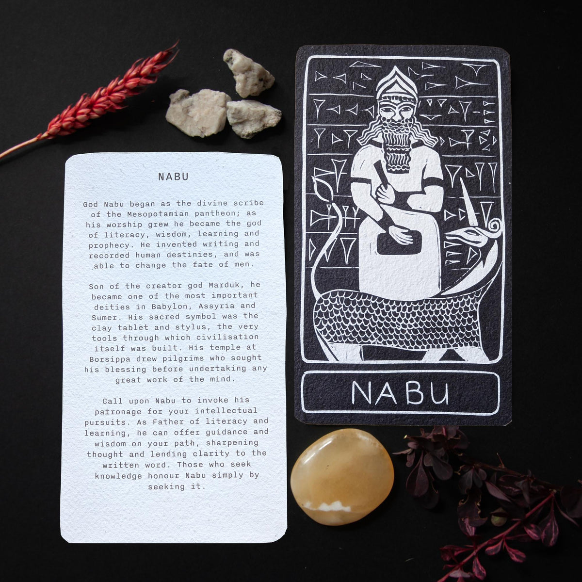 Nabu Oracle card | Mesopotamian Divine Scribe, Mythic handmade linocut art